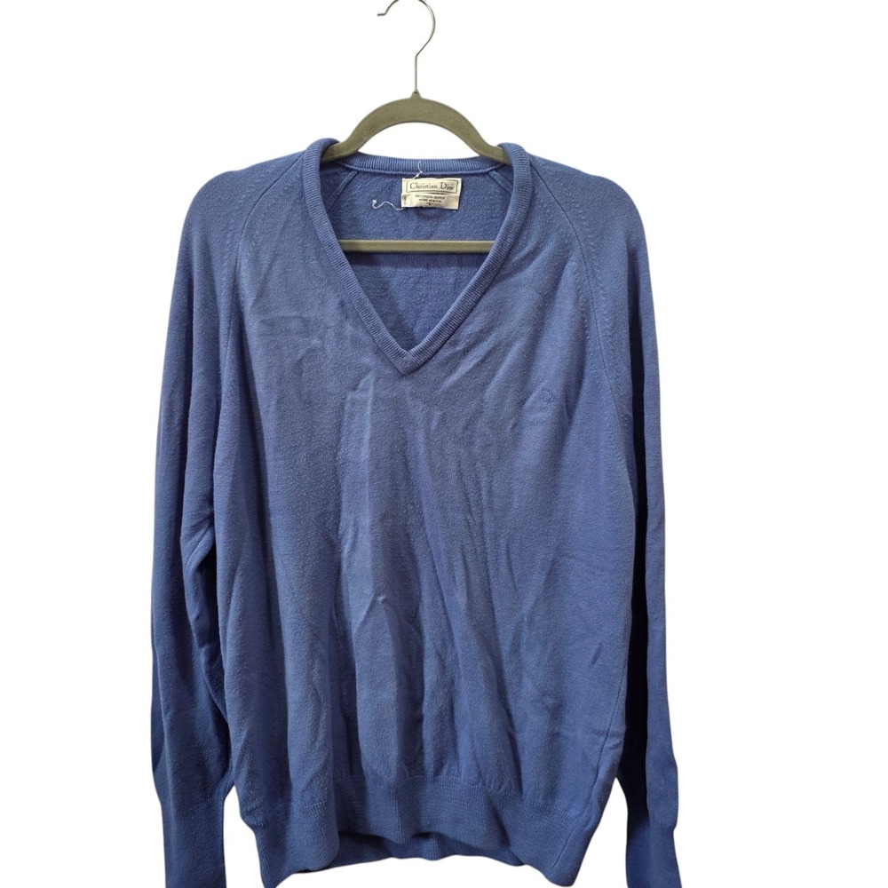 Vintage Christian Dior Sweater Mens L Blue V Neck Orlon Acrylic USA Made 80s